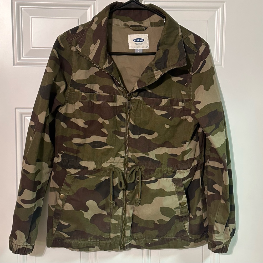 Old Navy Camo Jacket Women Small Full Zip Utility Military Drawsting Waist